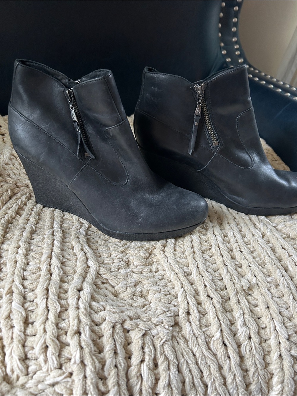 UGG Black Leather Wedge Ankle Boots with Side Zips